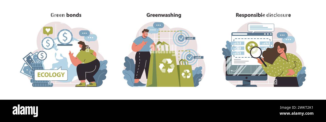 Sustainable investment elements. Green bonds financing, greenwashing ...
