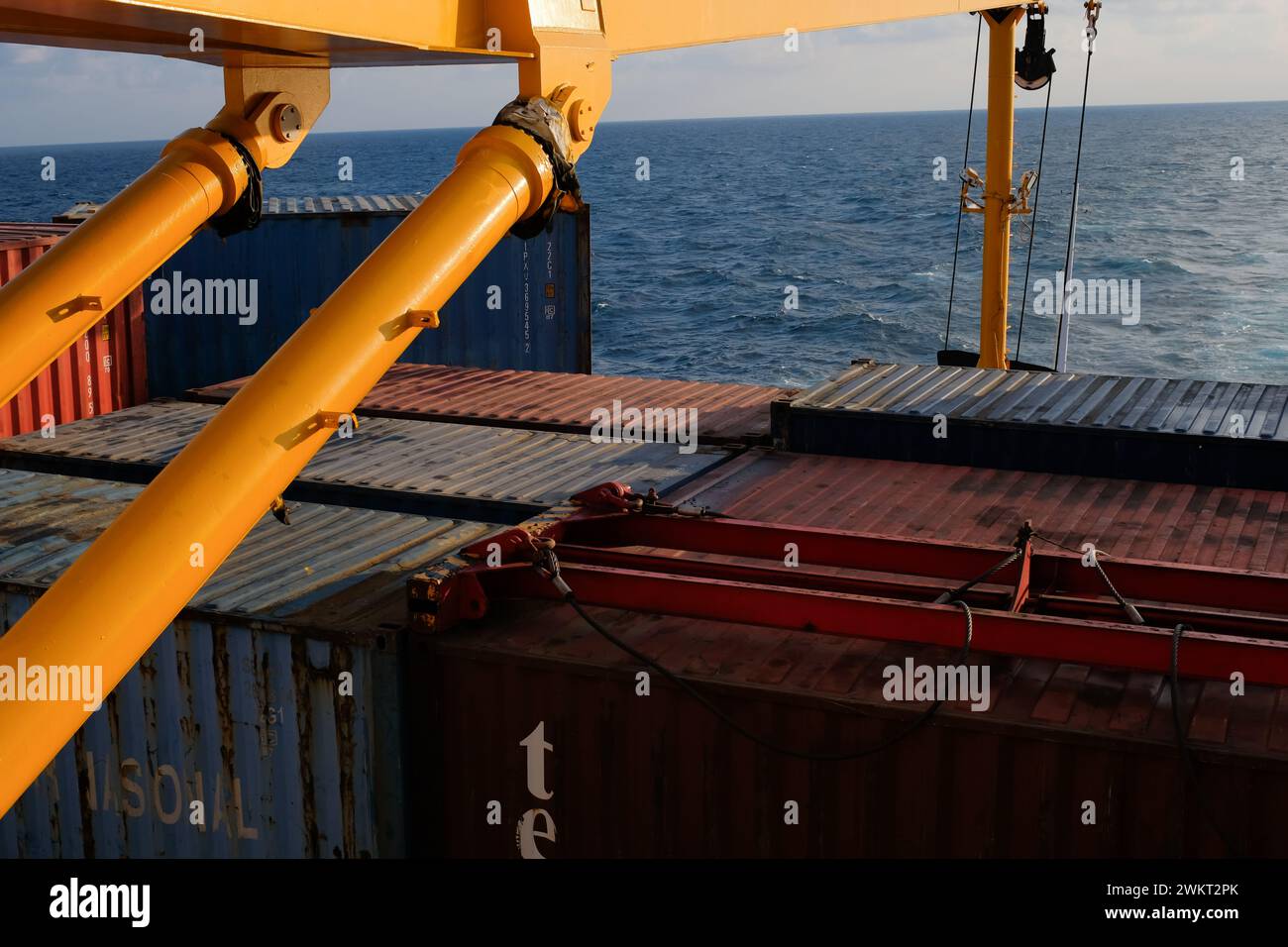 Surabaya, Indonesia, 28 July 2023: Operation of cranes, crane cabin space on large ship bridges Stock Photo