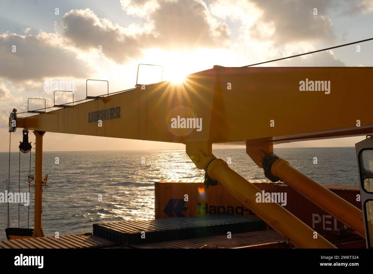 Surabaya, Indonesia, 28 July 2023: Operation of cranes, crane cabin space on large ship bridges Stock Photo