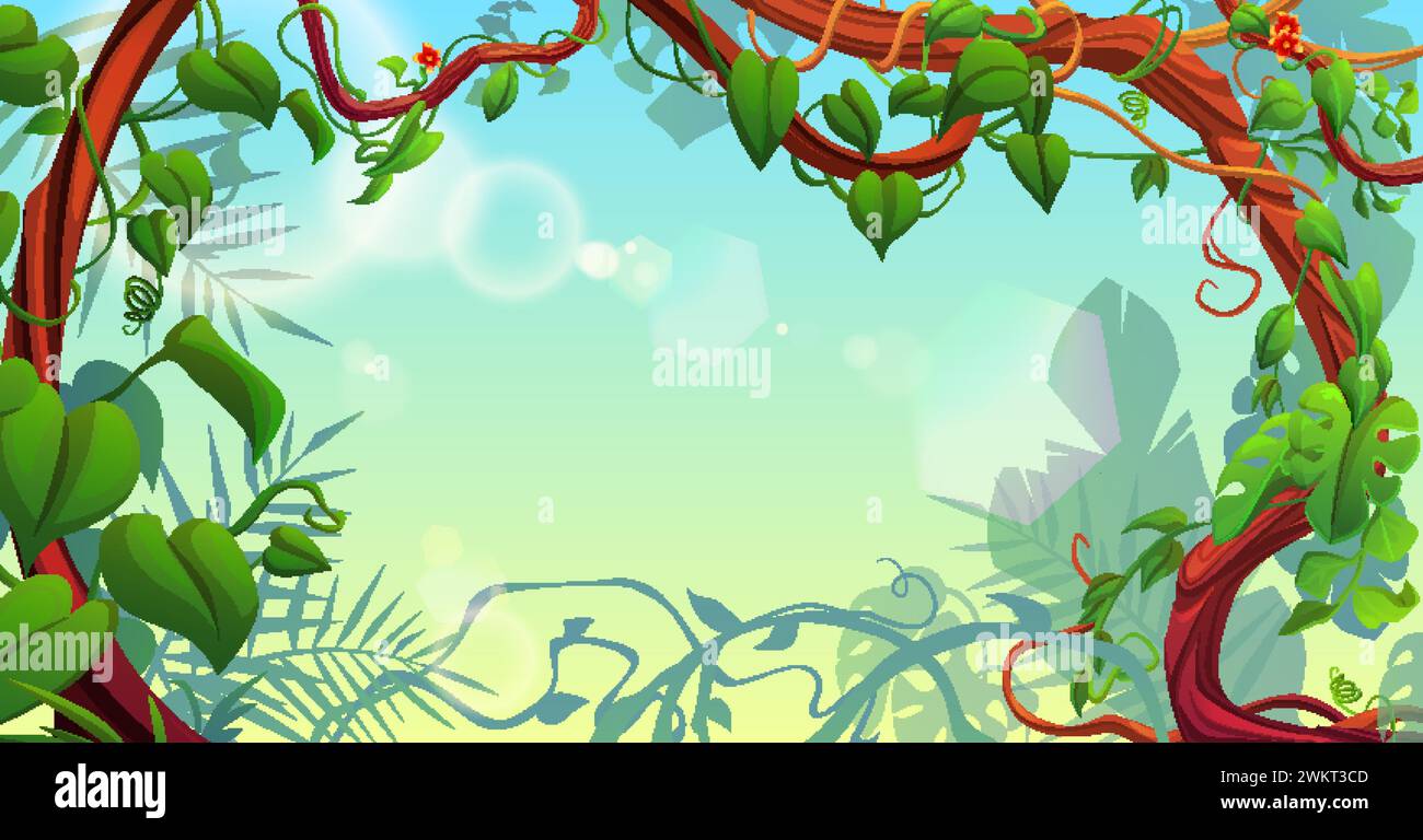 Jungle background with border frame from liana vine, green leaves and flowers. Cartoon sunny tropical backdrop with empty space for text. Rainforest l Stock Vector