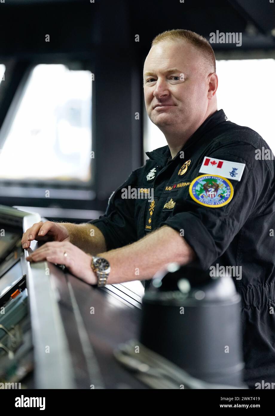 Rear Admiral David Patchell, vice commander US Second Fleet, on the bridge of the ESPS Almirante Juan de Borbon which is berthed at the Port of Southampton, and is the flagship of Standing Nato Maritime Group One. SNMG1, made up of five Alliance warships, while conducting the first major live exercise of Exercise Steadfast Defender 24 took part in gunnery exercises, as well as air defence simulations, alongside a Spanish Task Group while sailing from Scotland to Southampton. Picture date: Thursday February 22, 2024. Stock Photo