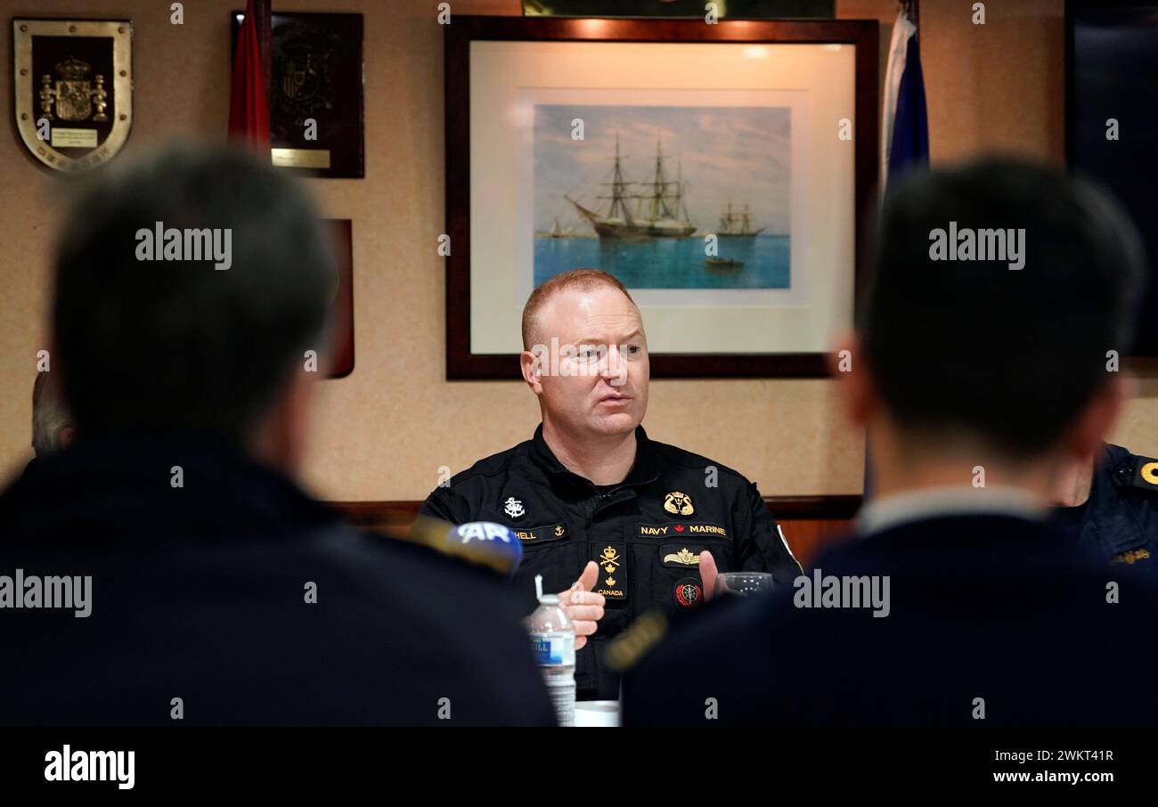 Rear Admiral David Patchell, vice commander US Second Fleet, speaks to members of the media onboard the ESPS Almirante Juan de Borbon which is berthed at the Port of Southampton, and is the flagship of Standing Nato Maritime Group One. SNMG1, made up of five Alliance warships, while conducting the first major live exercise of Exercise Steadfast Defender 24 took part in gunnery exercises, as well as air defence simulations, alongside a Spanish Task Group while sailing from Scotland to Southampton. Picture date: Thursday February 22, 2024. Stock Photo