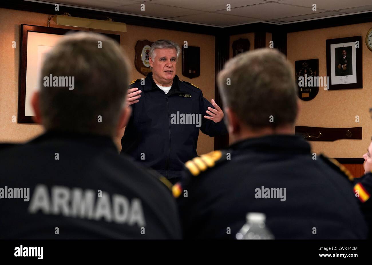 Rear Admiral Joaquin Ruiz Escagedo, Commander of Standing Nato Maritime Group One, speaks to members of the media onboard the ESPS Almirante Juan de Borbon which is berthed at the Port of Southampton, and is the flagship of Standing Nato Maritime Group One. SNMG1, made up of five Alliance warships, while conducting the first major live exercise of Exercise Steadfast Defender 24 took part in gunnery exercises, as well as air defence simulations, alongside a Spanish Task Group while sailing from Scotland to Southampton. Picture date: Thursday February 22, 2024. Stock Photo