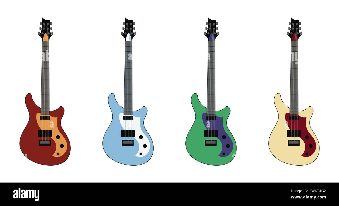 Retro electric colorful guitar on the white background, a vector vintage illustration set Stock Vector