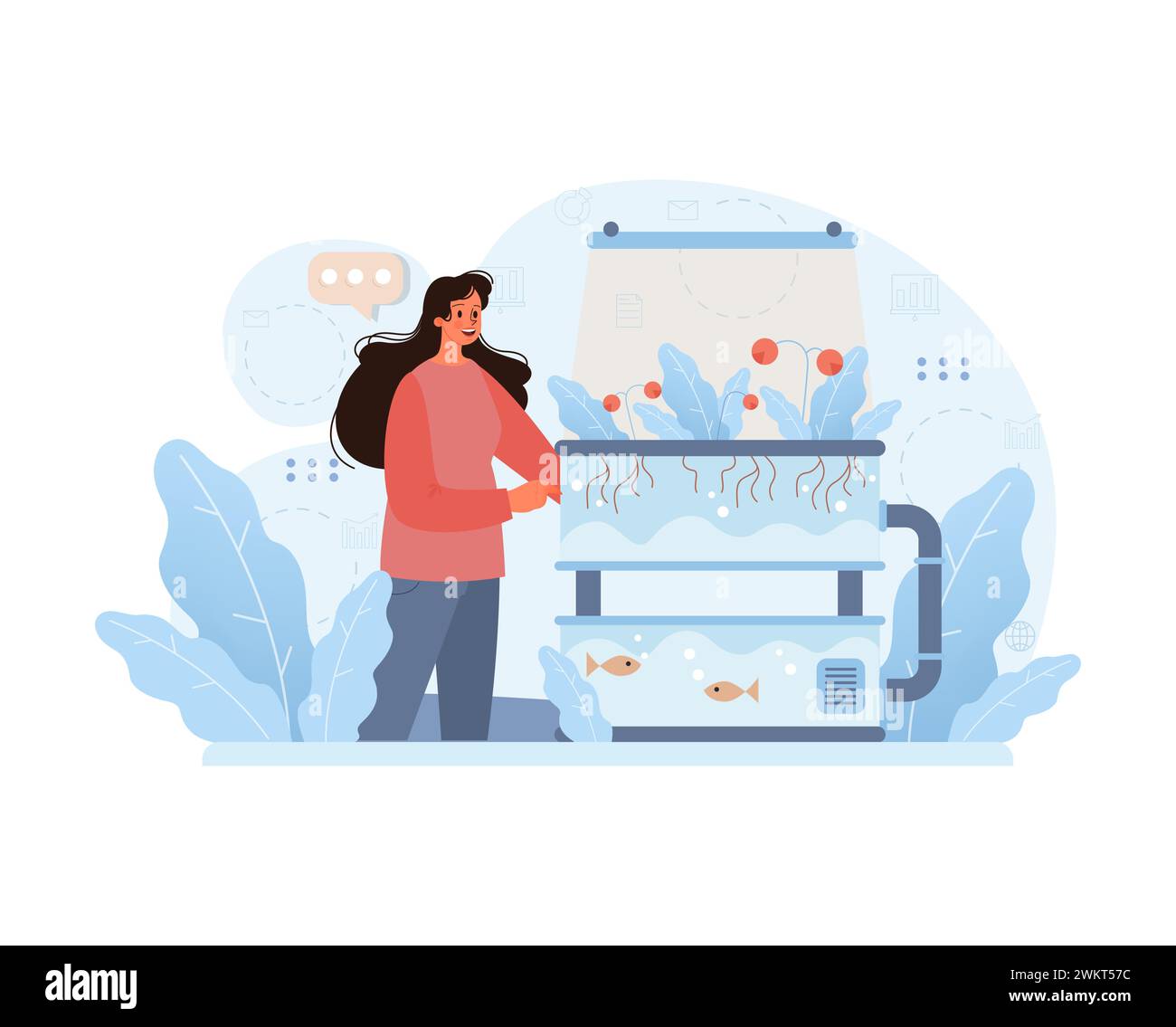 Woman monitoring a multi-tiered hydroponic system, cultivating fresh produce above and fish below, illustrating urban aquaponics farming. Flat vector illustration Stock Vector