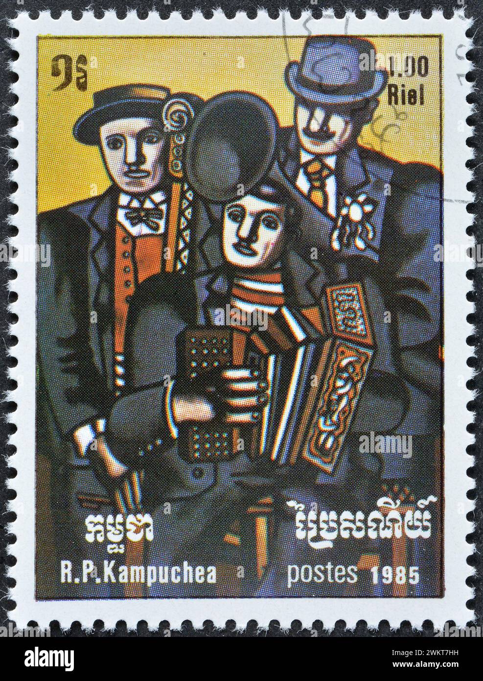 Cancelled postage stamp printed by Cambodia, that shows painting 'Three Musicians', Fernand Leger, International Music Year, circa 1985. Stock Photo
