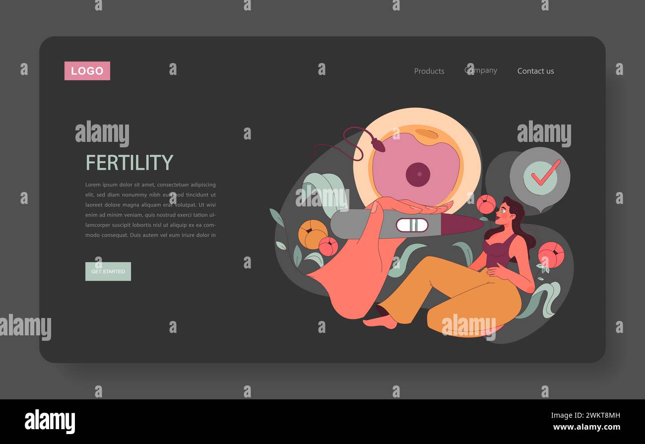 Fertility concept. A thoughtful woman amidst symbolic illustrations of ovulation, positive pregnancy test, and a fertilized egg. Embracing the journey of womanhood. Flat vector illustration. Stock Vector