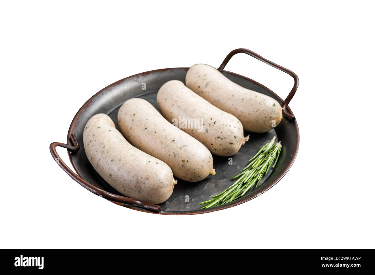 Traditional German Bavarian white sausage in steel tray with mustard. Isolated on white background Stock Photo