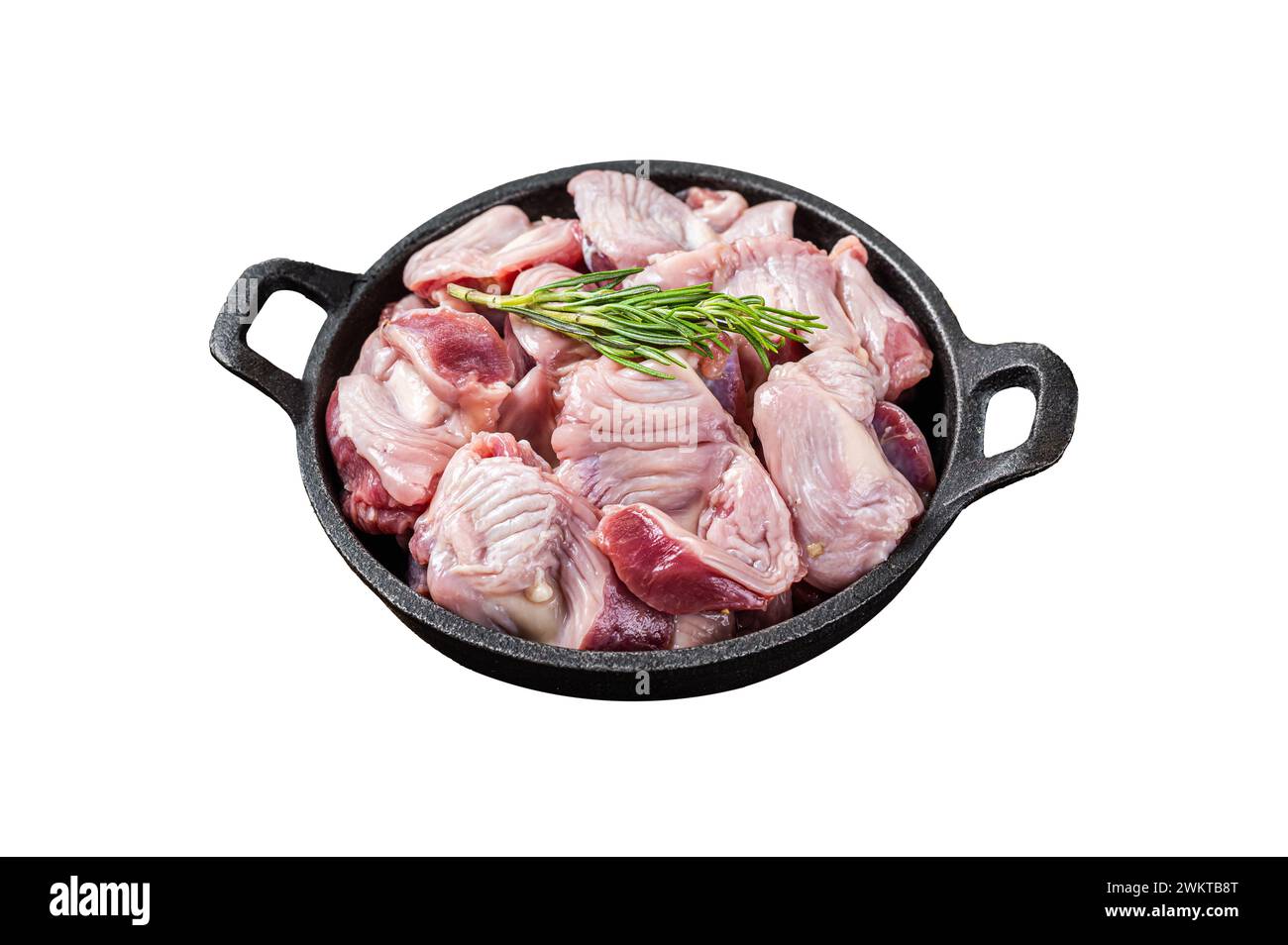 Raw chicken giblets gizzards, stomachs in a skillet ready for cooking. Isolated on white