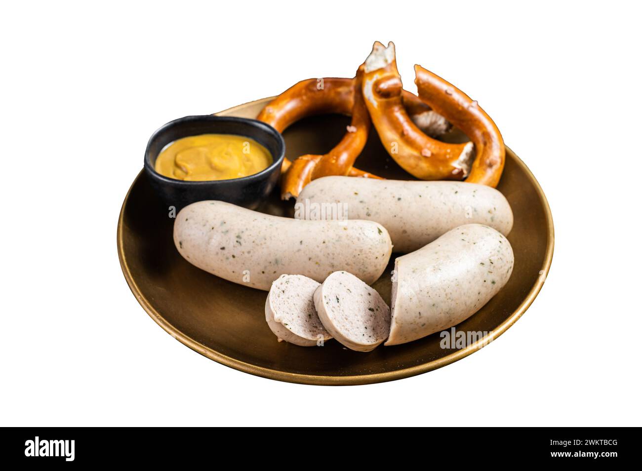 Munich white sausage with pretzel and mustard. Isolated on white background Stock Photo