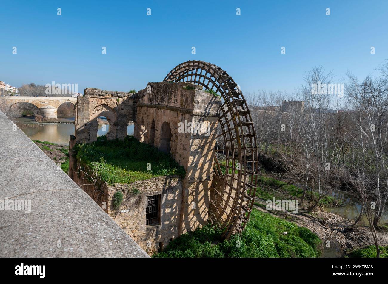 A large disused medieval wooden structured water wheel known as the Molino de la Albolafia on the banks of the Guadalquivir River and near the Roman b Stock Photo