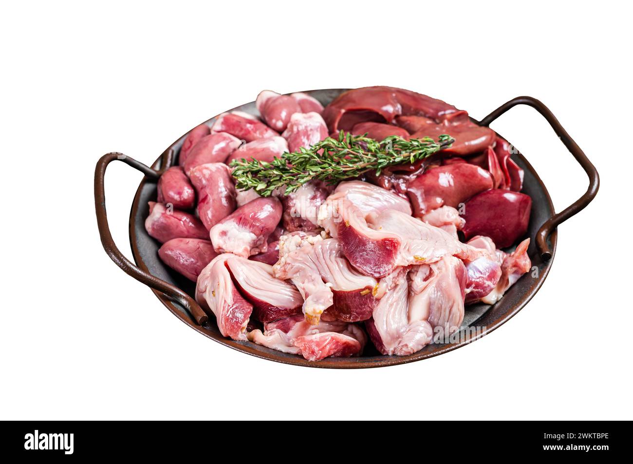 Raw bird giblets meat set, chicken offals, liver, hearts, gizzards Stomach. Isolated on white