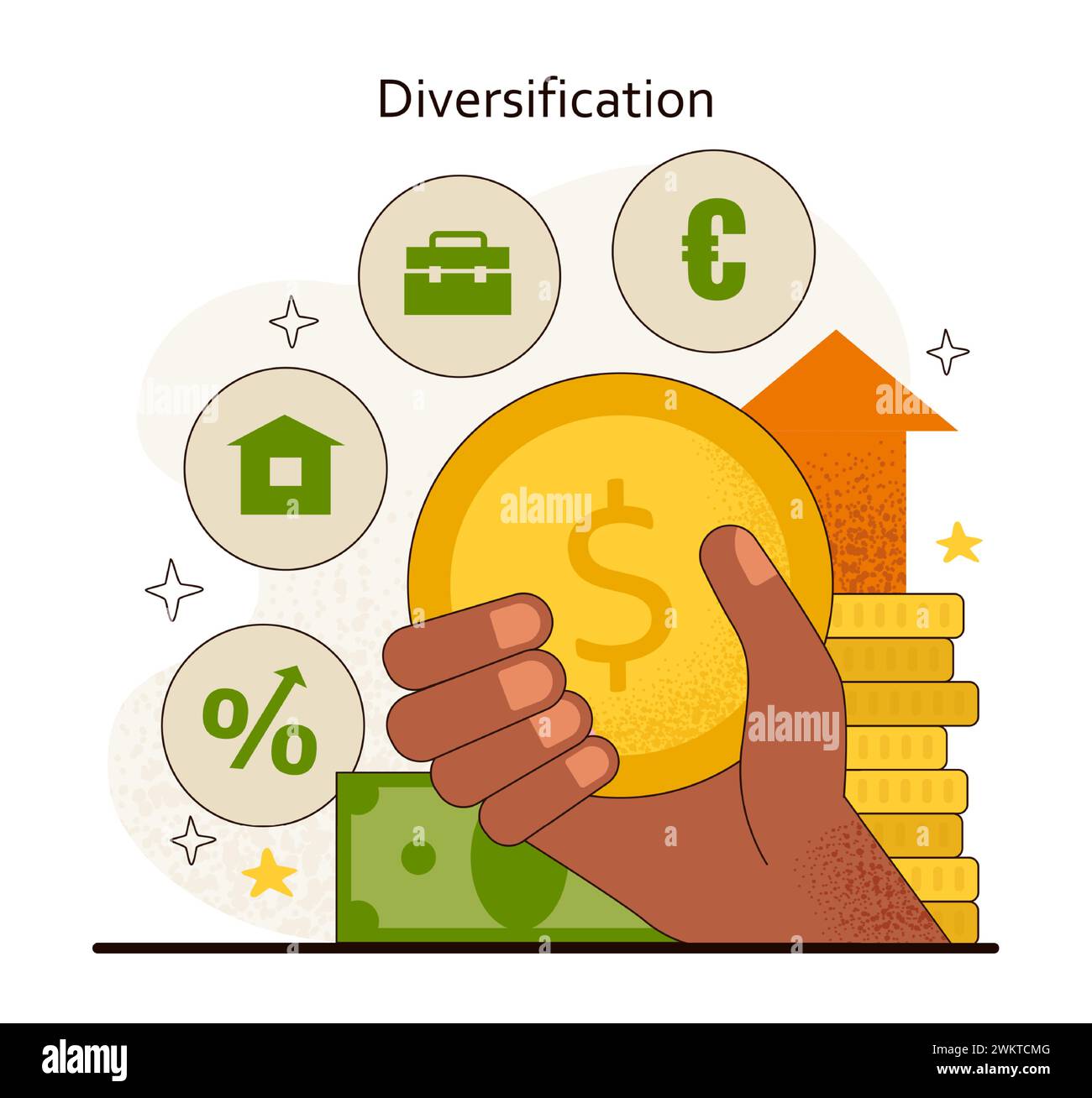 Diversification concept. Balancing financial portfolios with a mix of assets for optimal growth. Strategic investment spread. Flat vector illustration. Stock Vector