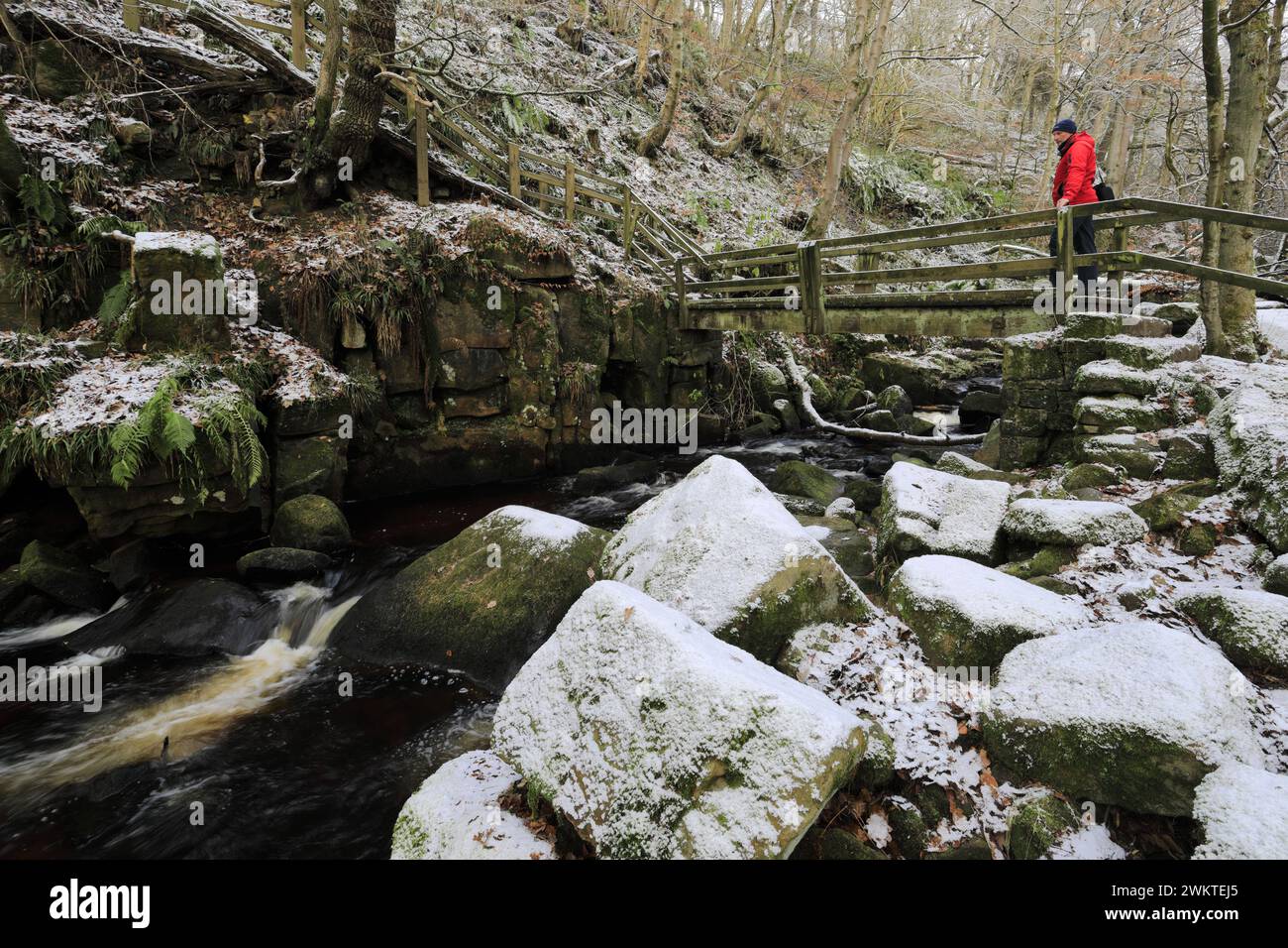 Walke on the bridge over Padley Gorge near Grindleford village, Peak District National Park, Derbyshire, England, UK Stock Photo