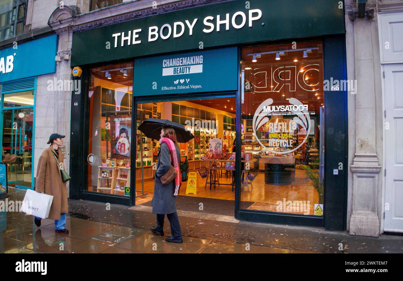 London, UK. 22nd Feb, 2024. Body Shop in Oxford Street. The Body Shop, Founded by Anita Roddick, entered administration on 13 February 2024. The Body Shop describes itself as a one-stop-shop for all things skincare, haircare, bath & body and self-love. It sells beauty bproducts that pride themselves on being ethically sourced. The Body Shop is set to close nearly half of its 198 shops across the UK. Fouir shopos in London are closing immediately, Anita Roddick, human rights activist and environmental campaigner, opened her first shop in Brighton in 1976. Credit: Mark Thomas/Alamy Live News Stock Photo