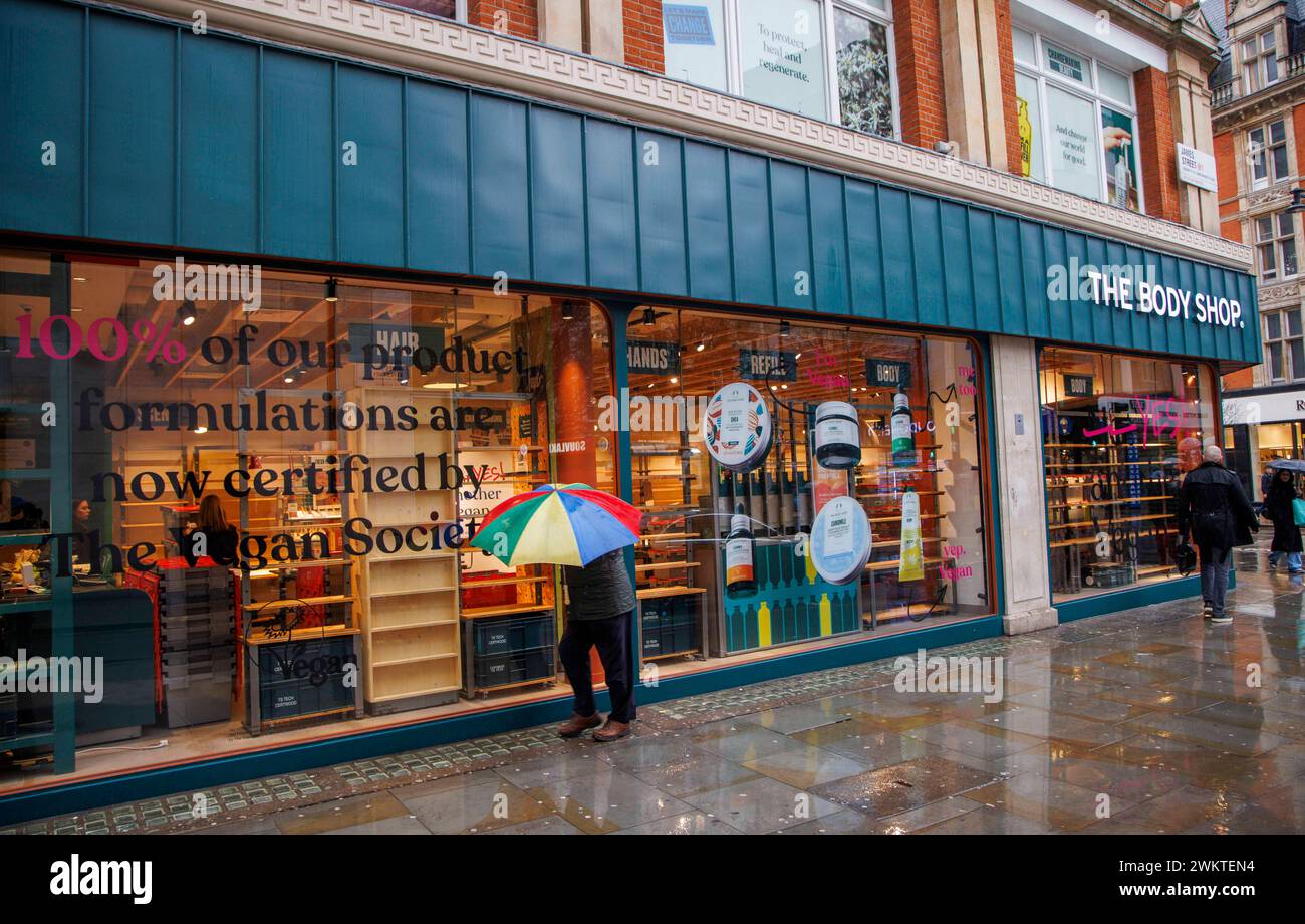 London, UK 22 Feb 2024 Body Shop in Bond Street that has closed. The Body Shop, Founded by Anita Roddick, entered administration on 13 February 2024. The Body Shop describes itself as a one-stop-shop for all things skincare, haircare, bath & body and self-love. It sells beauty bproducts that pride themselves on being ethically sourced. The Body Shop is set to close nearly half of its 198 shops across the UK. Fouir shopos in London are closing immediately, Anita Roddick, human rights activist and environmental campaigner, opened her first shop in Brighton in 1976. Stock Photo