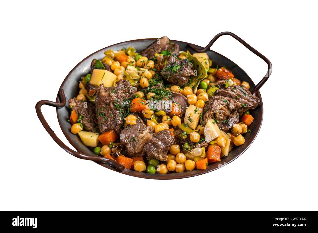 Spanish cocido Madrid stew with chickpeas, meat, carrots and potatoes