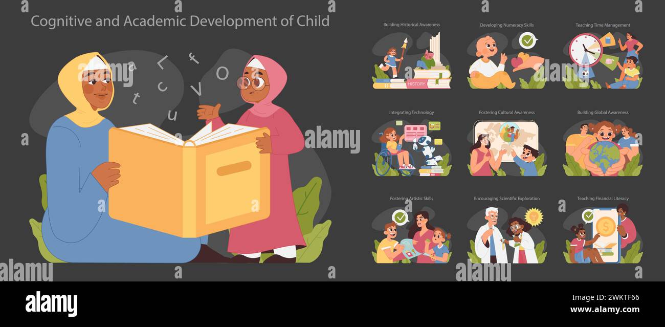 Child cognitive and academic growth set. Kids of various ethnicities ...