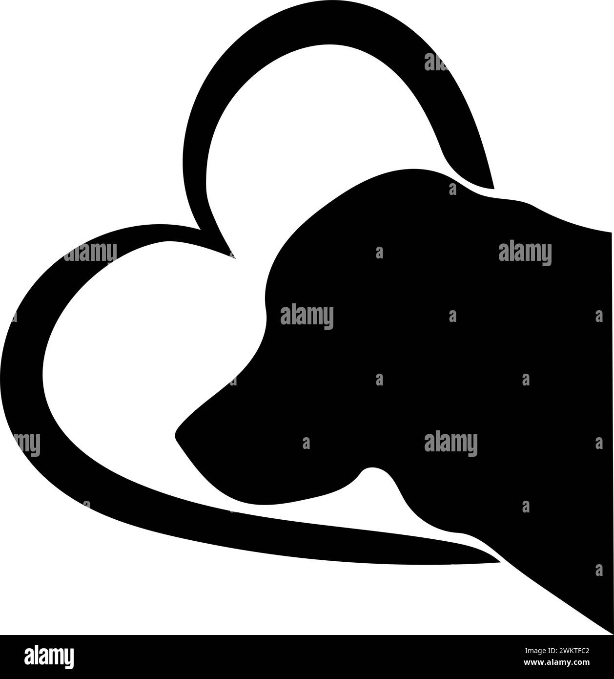 silhouette of a golden retriever dog head with heart, in black, isolated Stock Vector