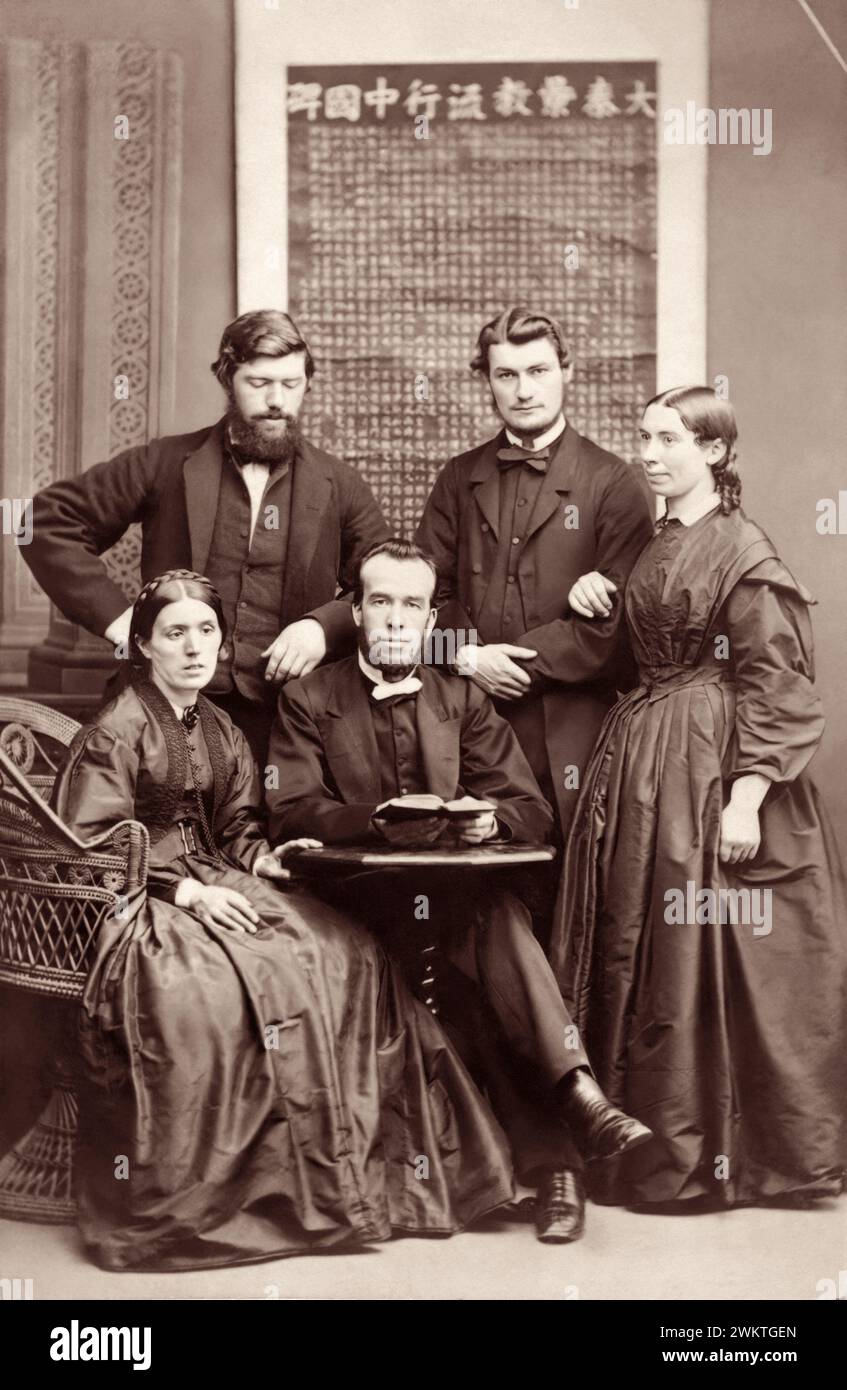 George Stott, John (James) W. Stevenson, and his wife Anne Stevenson, along with (seated) Mrs. and Mr. George Vigeon, in 1865 prior to Stott and the Stevensons departing Britain for China as pioneer missionaries with Hudson Taylor's China Inland Mission. Stock Photo