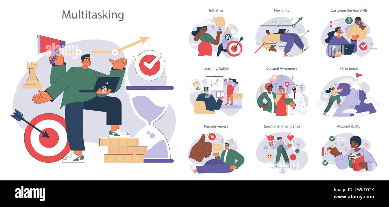 View of Soft skills set. Illustration of diverse characters displaying teamwork ...
