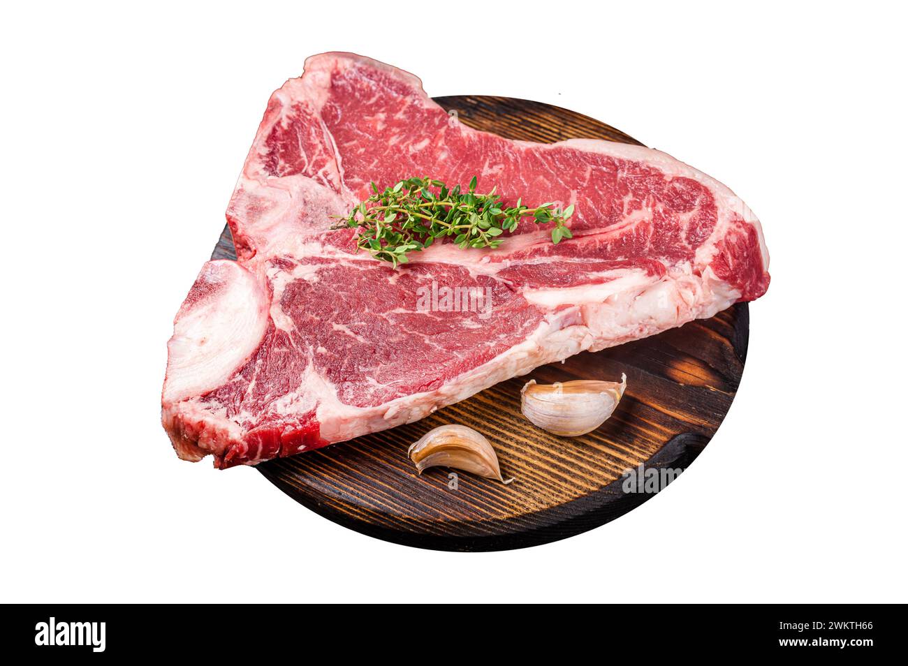 Raw Porterhouse steak, marbled beef meat on a wooden board. Isolated on white background Stock Photo