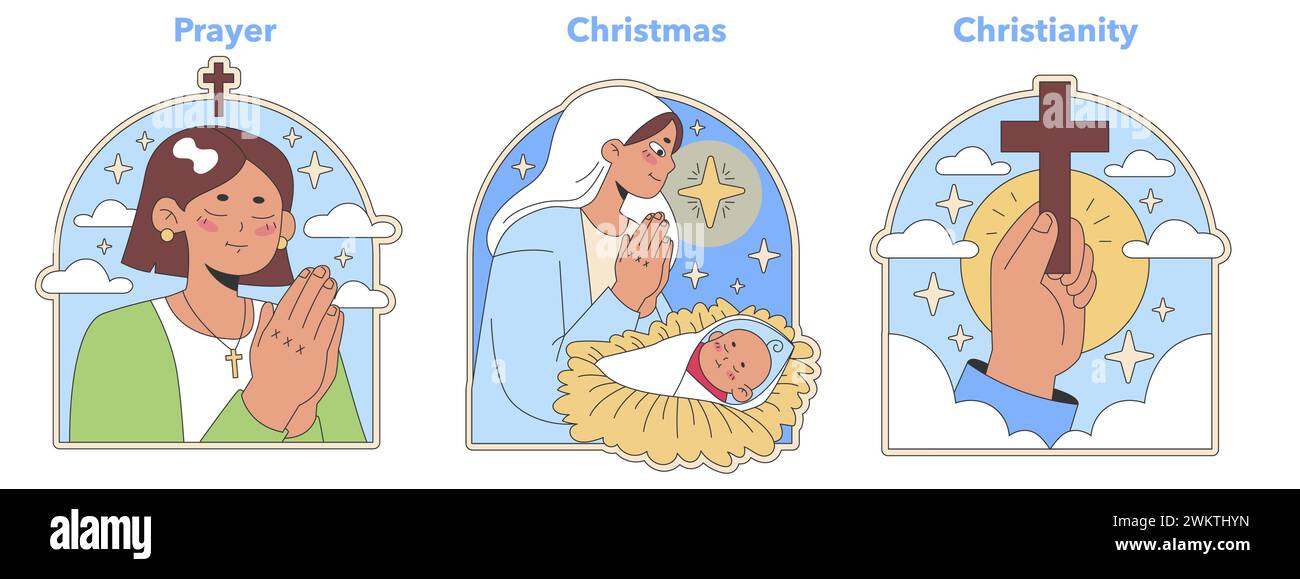 Christianity set. Devout prayer, serene Nativity scene, and the Cross ...