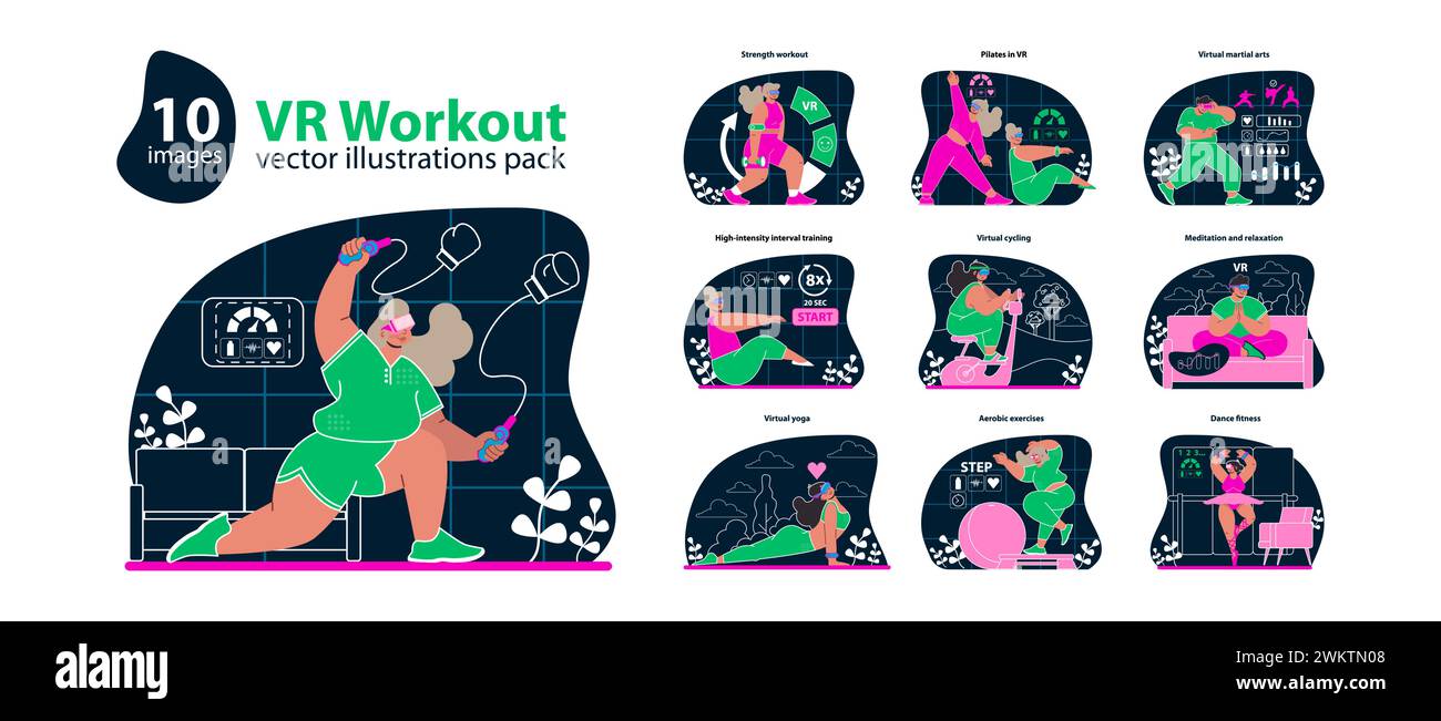 VR Workout set. Interactive and immersive fitness routines. Engaging virtual reality exercises across diverse activities. Dynamic home training experience. Flat vector illustration. Stock Vector