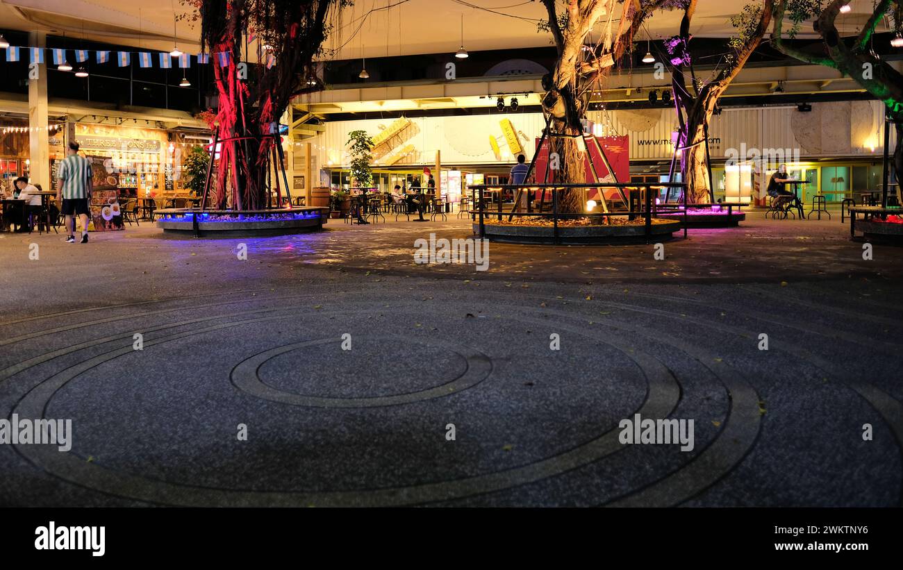 Open area at Maji Square in the Yuanshan Plaza of Taipei Expo Park; market, bar, and restaurant area made with cargo containers; Taipei, Taiwan. Stock Photo