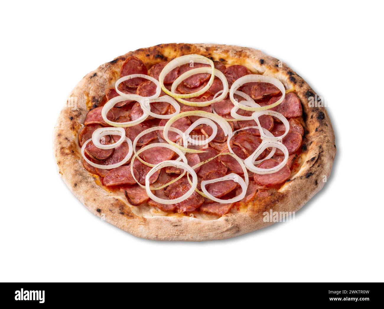 Calabrese sausage and onion style pizza isolated over white background