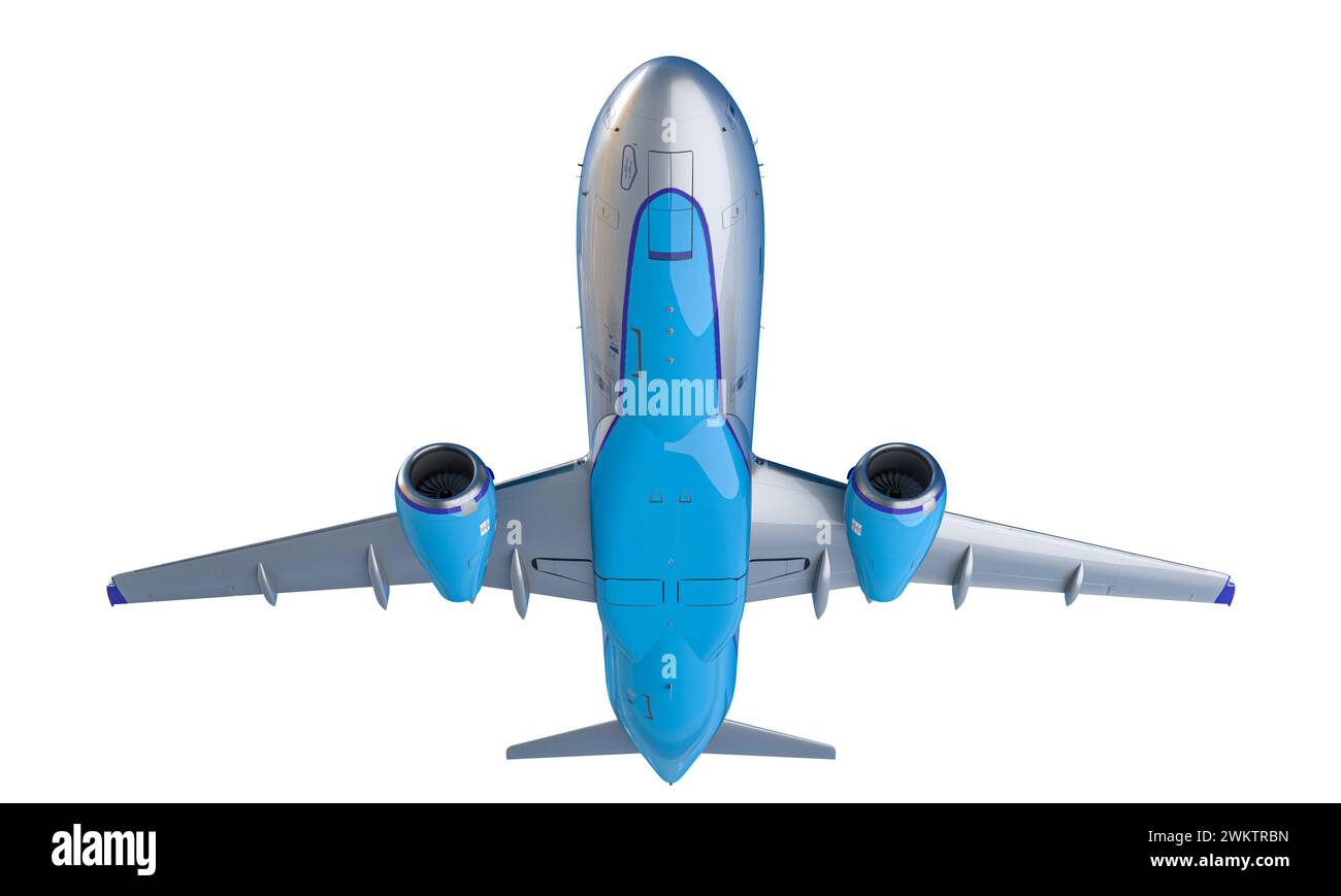 Bottom view of a commercial aeroplane isolated on a white background. 3d render Stock Photo