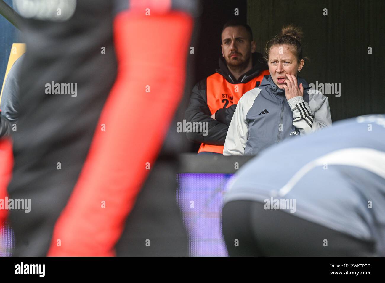 Team manager Lois Otte of Belgium pictured during a MD-1 Traning of the Belgian Red Flames prior to their game against the national team of Hungary in the promotion / relegation between Group A & B , first leg game in the 2023-24 UEFA Women's Nations League competition, on  Thursday 22 February 2024  in Felcsut , HUNGARY . PHOTO SPORTPIX | Stijn Audooren Stock Photo