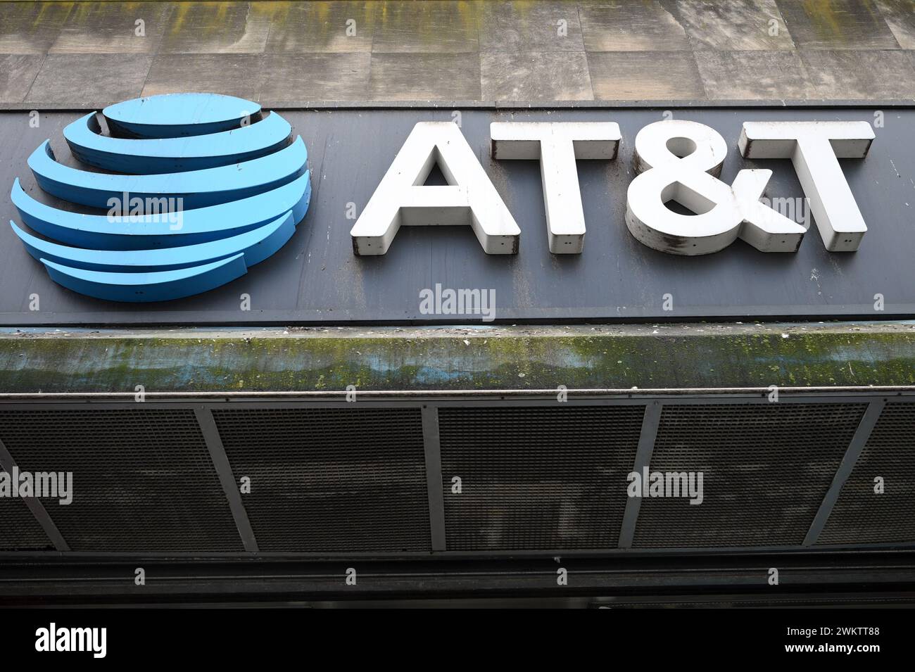 New York, USA. 22nd Feb, 2024. View of AT&T logo atop a retail store in
