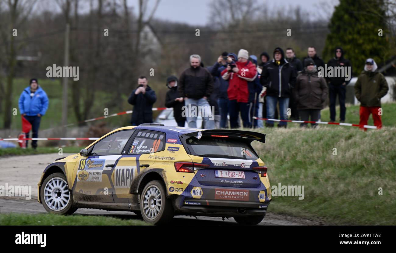 Sint Truiden, Belgium. 22nd Feb, 2024. Belgian Tom Boonen and Belgian Erwin Mombaerts in their Skoda Fabia Rs Rally2 pictured in action during the Shakedown test ride before this weekend's Haspengouw Rally event, Thursday 22 February 2024 in Sint-Truiden, the first stage of the Belgian Rally Championship. BELGA PHOTO LUC CLAESSEN Credit: Belga News Agency/Alamy Live News Stock Photo