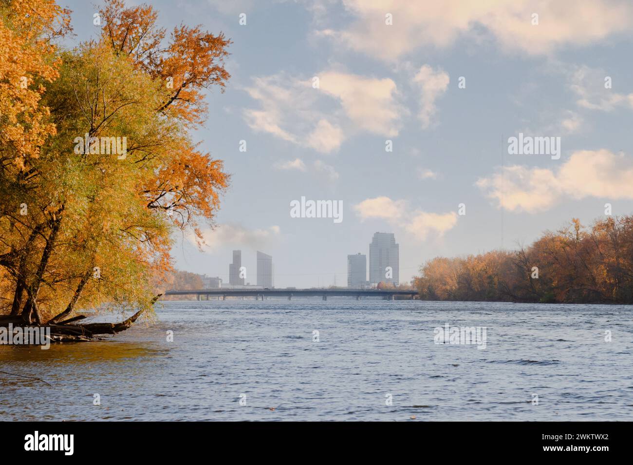 Downtown Grand Rapids and the Grand River in Autumn Stock Photo