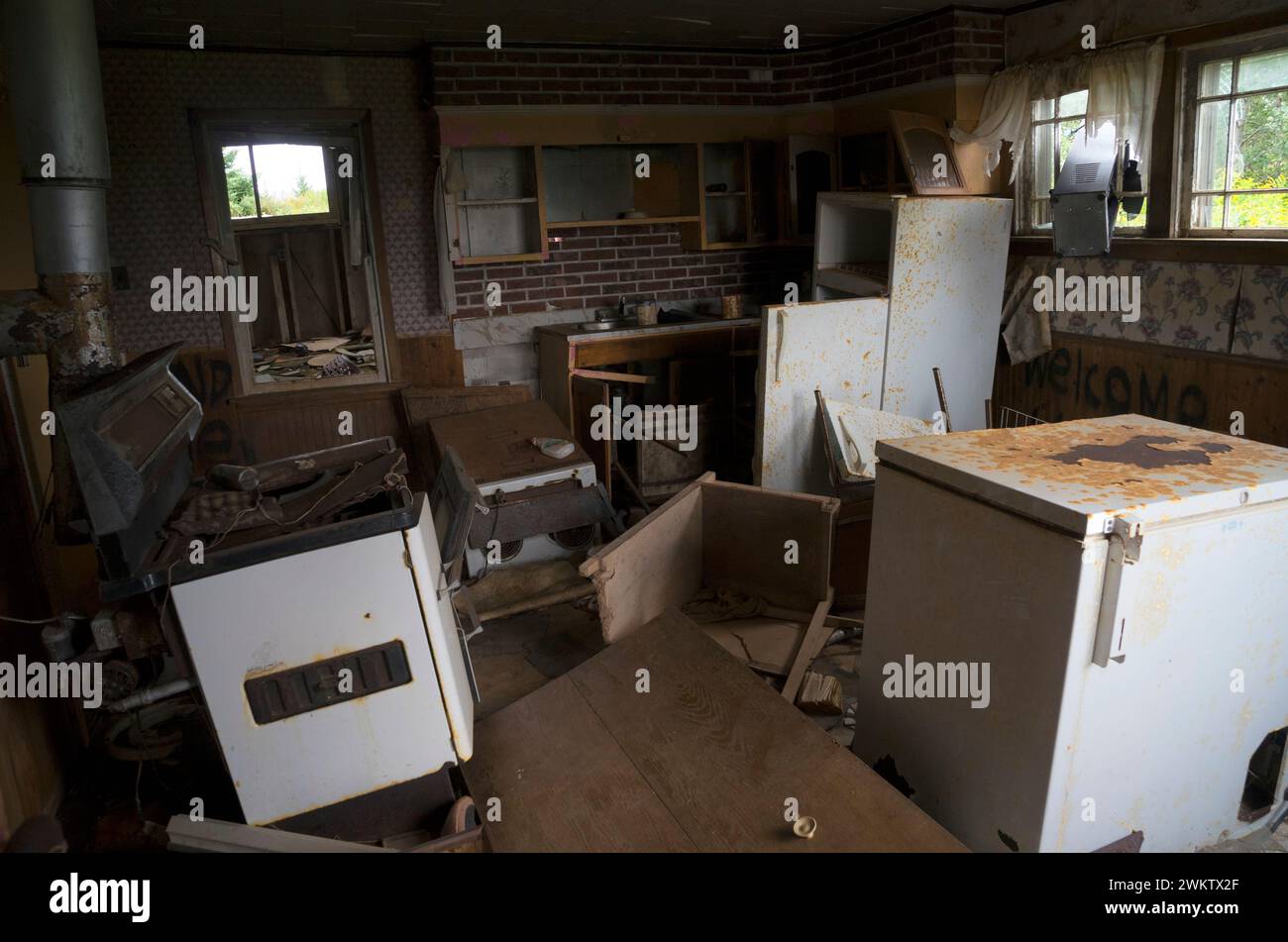 Derelict kitchen in an abandoned house, South Rustico, Prince Edward Island, Canada Stock Photo