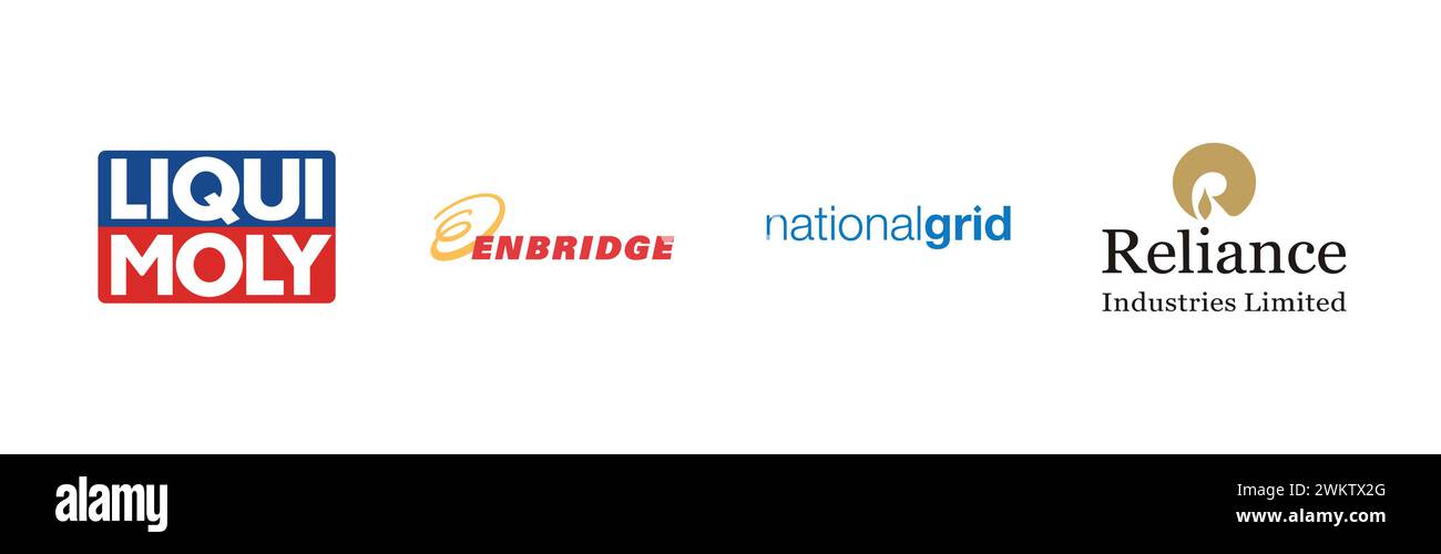 National Grid, Enbridge, Liqui Moly, Reliance Industries,Popular brand logo collection. Stock Vector