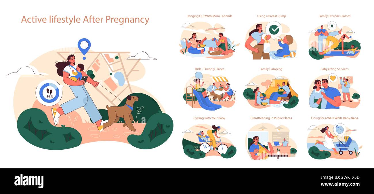 Postnatal Life Active Lifestyle After Pregnancy set. New mothers enjoying outdoor ...