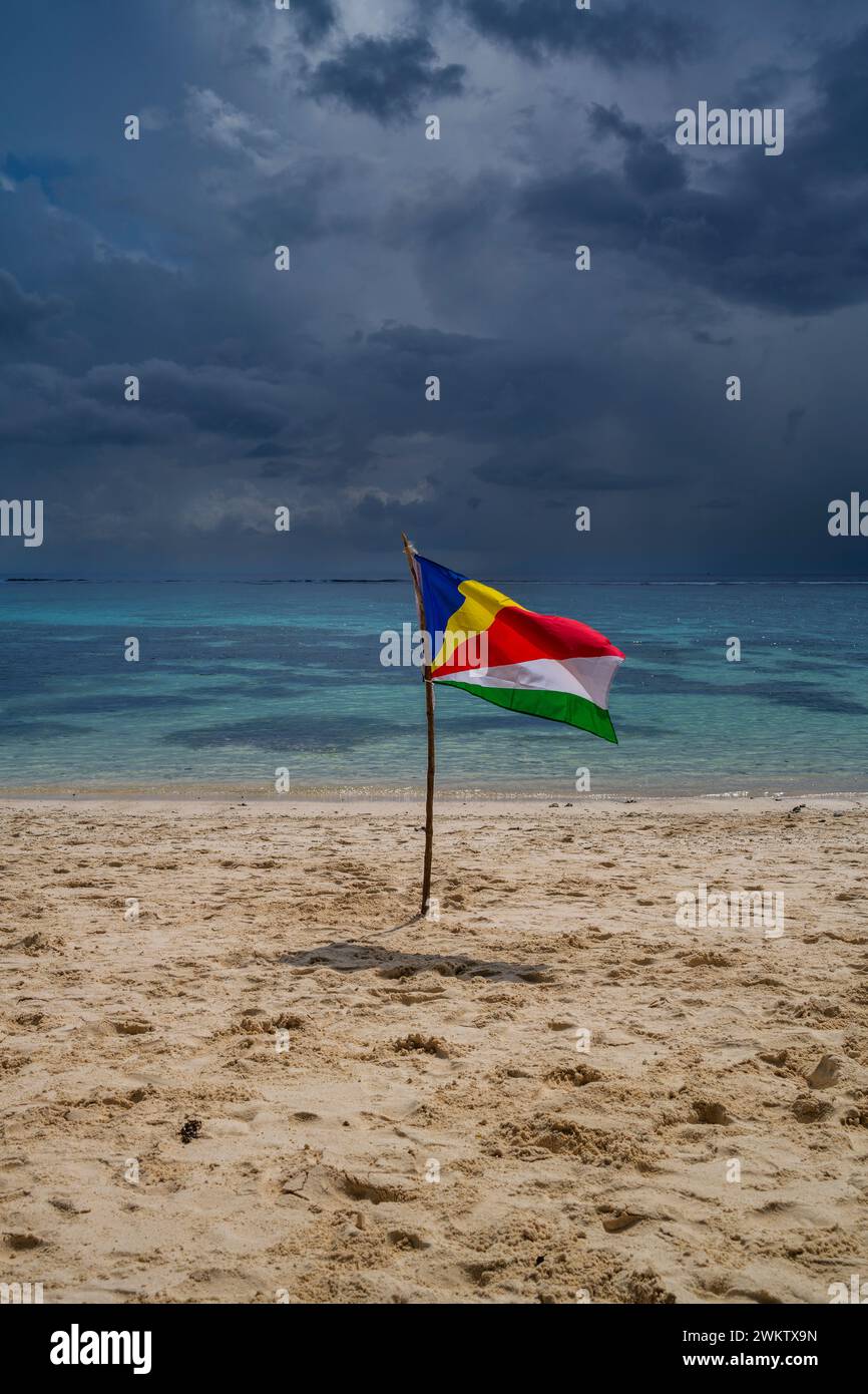 Seychelles flag, Anse Source d'Argent, La Digue, Seychelles Stock Photo