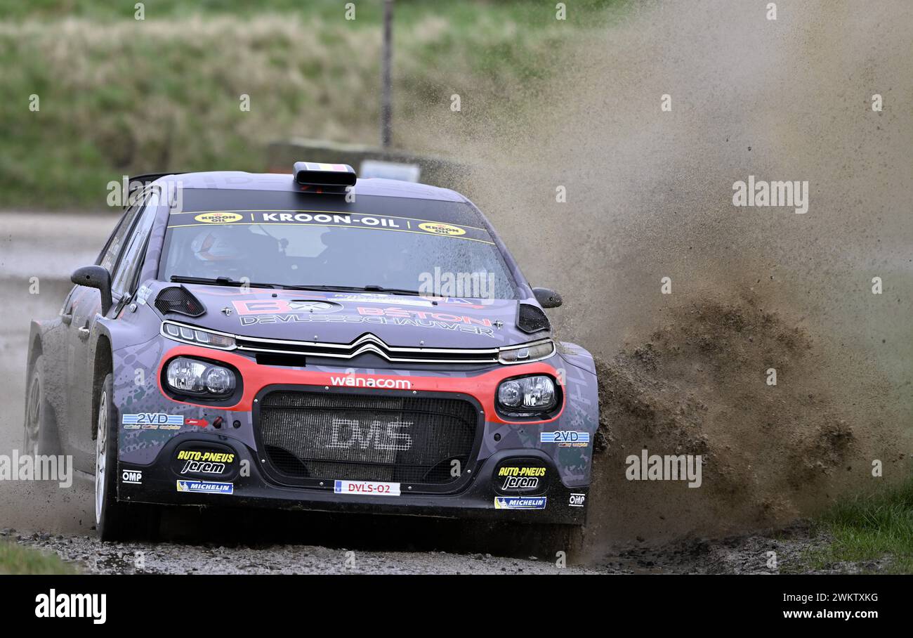 Sint Truiden, Belgium. 22nd Feb, 2024. Belgian Adrian Fernemont and Belgian Antoine Podgorny in their Citroen C3 pictured in action during the Shakedown test ride before this weekend's Haspengouw Rally event, Thursday 22 February 2024 in Sint-Truiden, the first stage of the Belgian Rally Championship. BELGA PHOTO LUC CLAESSEN Credit: Belga News Agency/Alamy Live News Stock Photo
