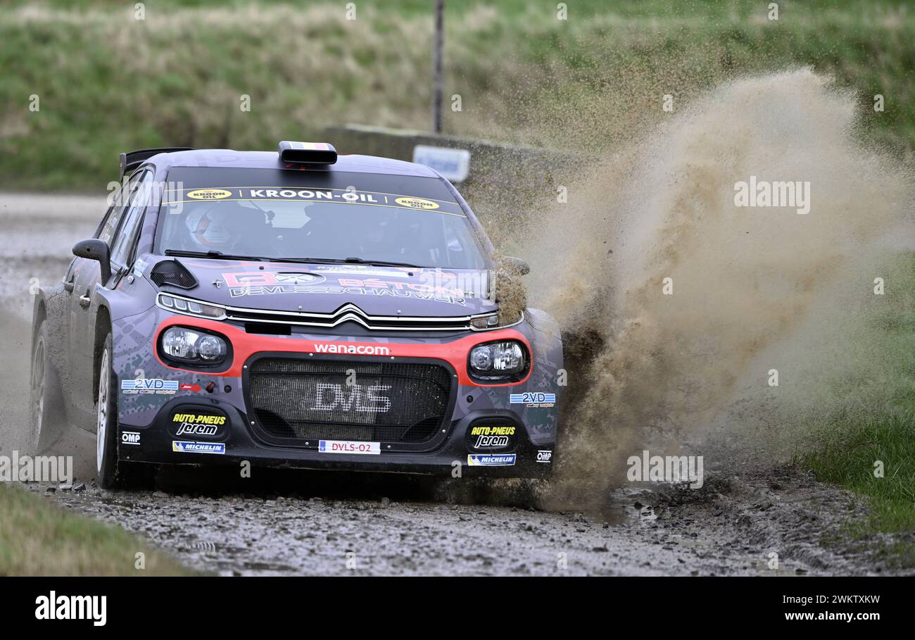 Sint Truiden, Belgium. 22nd Feb, 2024. Belgian Adrian Fernemont and Belgian Antoine Podgorny in their Citroen C3 pictured in action during the Shakedown test ride before this weekend's Haspengouw Rally event, Thursday 22 February 2024 in Sint-Truiden, the first stage of the Belgian Rally Championship. BELGA PHOTO LUC CLAESSEN Credit: Belga News Agency/Alamy Live News Stock Photo