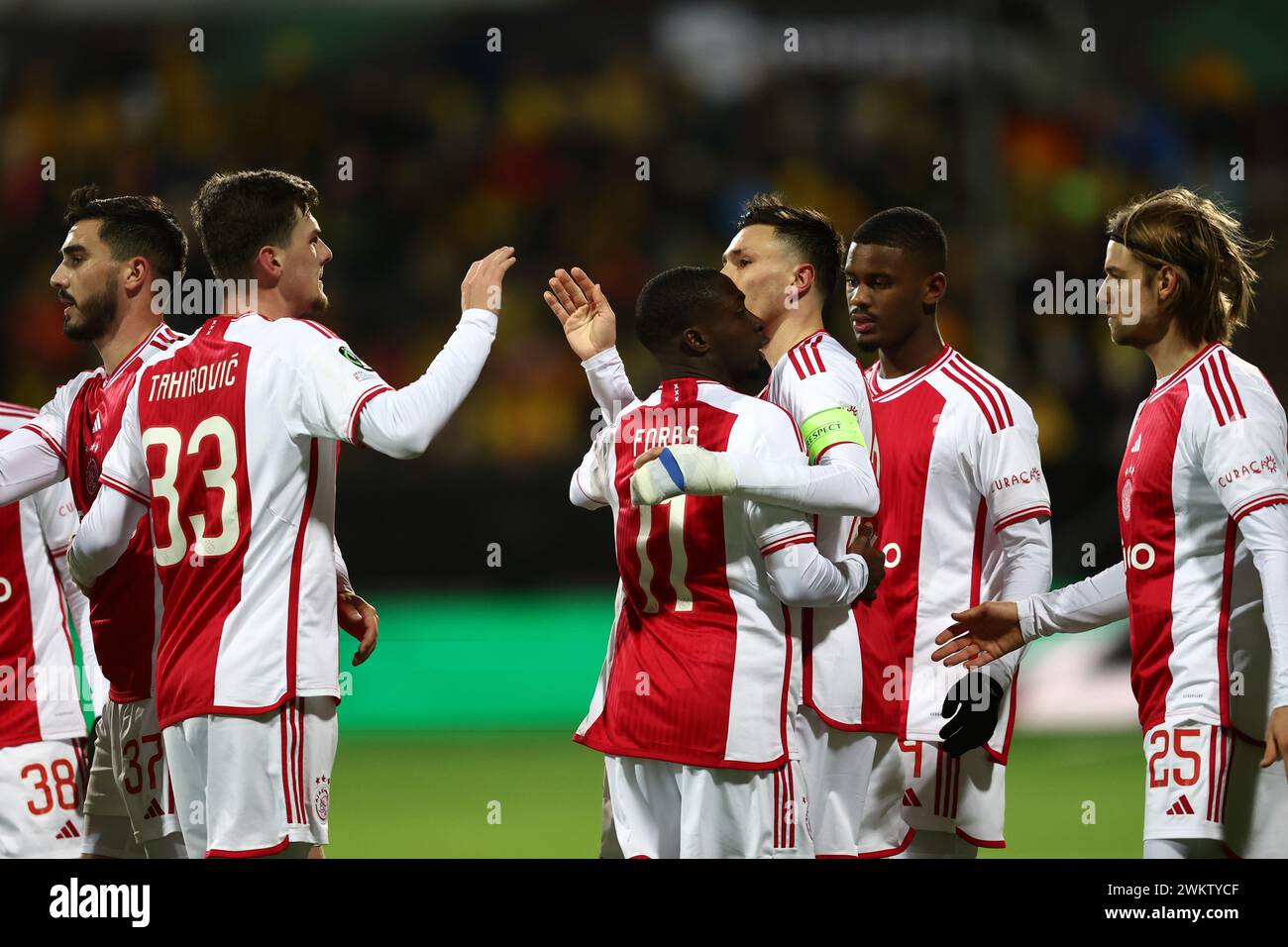 BODØ - (l-r) Benjamin Tahirovic of Ajax, Carlos Forbs of Ajax, Steven Berghuis of Ajax, Jorrel Hato of Ajax, Borna Sosa of Ajax celebrate the 0-1 during the UEFA Conference League play-off match between FK Bodø/Glimt and Ajax Amsterdam at the Aspmyra Stadium on February 22, 2024 in Bodø, Norway. ANP VINCENT JANNINK Stock Photo