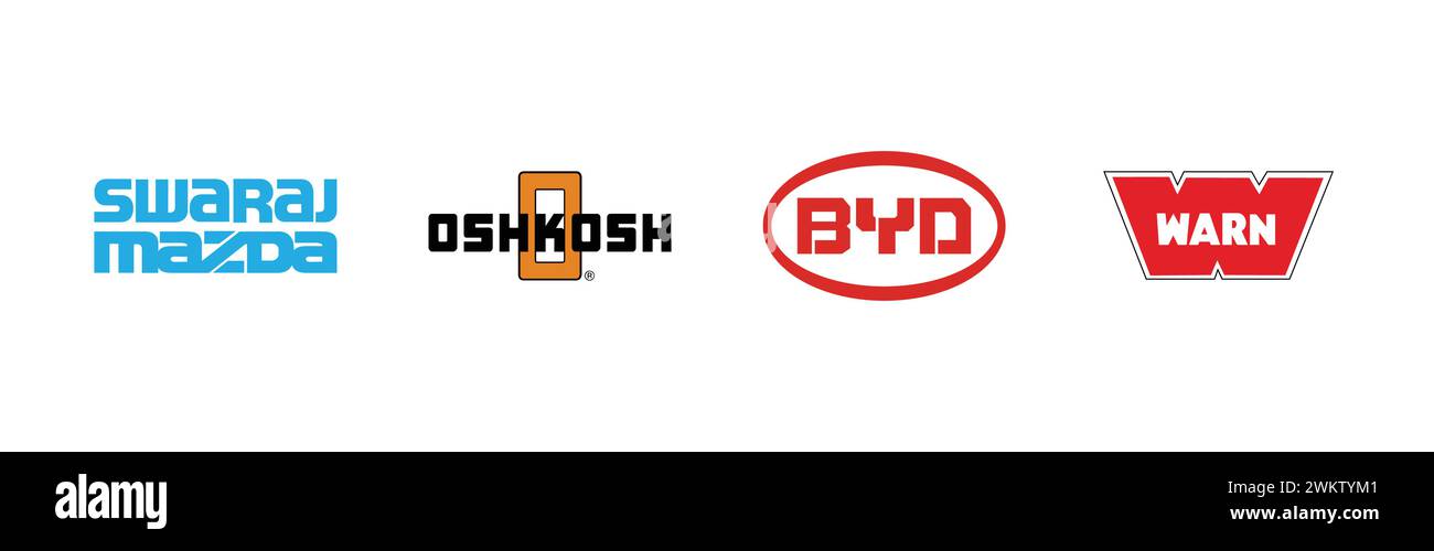 Swaraj Mazda, Oshkosh, BYD, WARN,Popular brand logo collection. Stock Vector