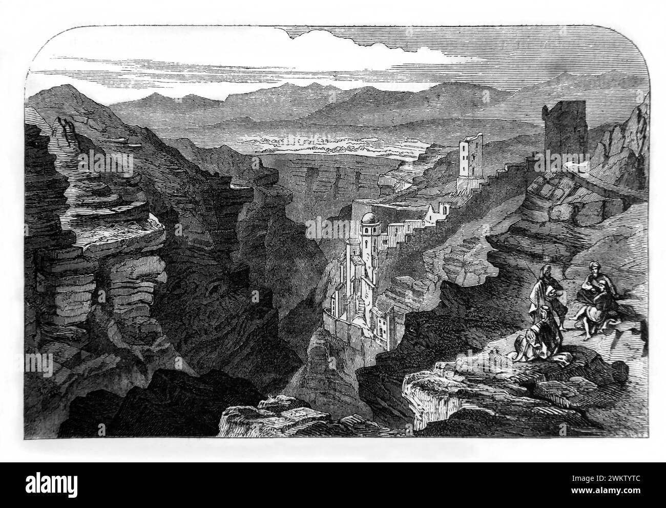 Illustration of Santa Saba in Palestine A Convent Frequented by David Scene from Biblical Times from Antique 19th Century Illustrated Family Bible Stock Photo