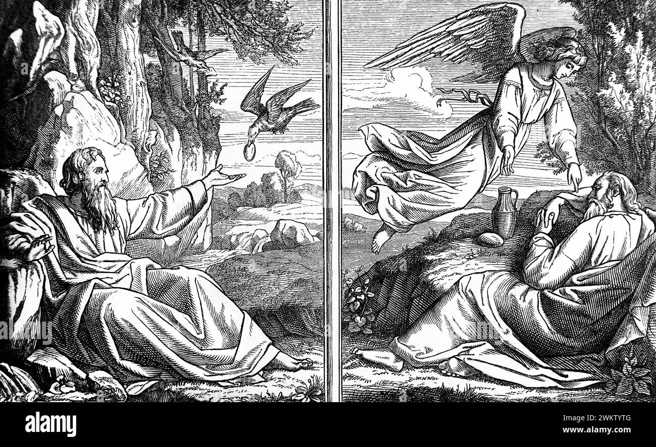 Illustrations of Elijah by the brook being Fed by the Ravens and Elijah in the Wilderness Visited by an Angel of the Lord Offering Food and Water in t Stock Photo