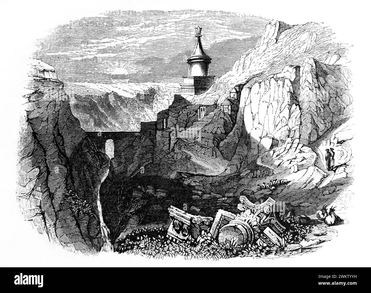 Illustration of Brook Kidron Valley of Jehoshaphat Showing Tombs of Absalom, Zacharias and St James from Illustrated Family Bible Stock Photo