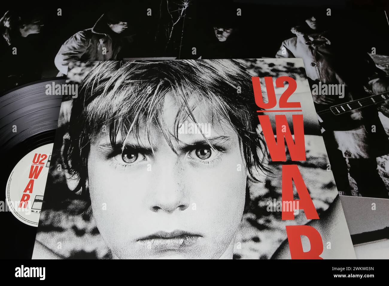 Viersen, Germany - January 9. 2024: Closeup of irish rock band U2 vinyl record album cover War from 1983 Stock Photo