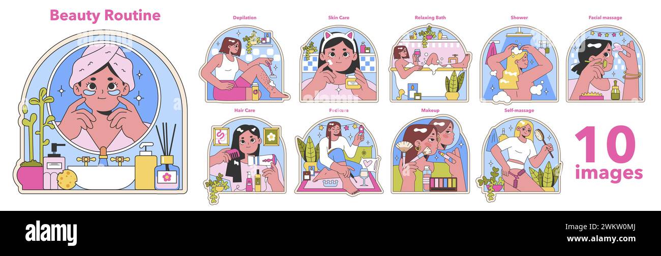 Beauty routine set. Daily self-care activities from skincare to makeup ...