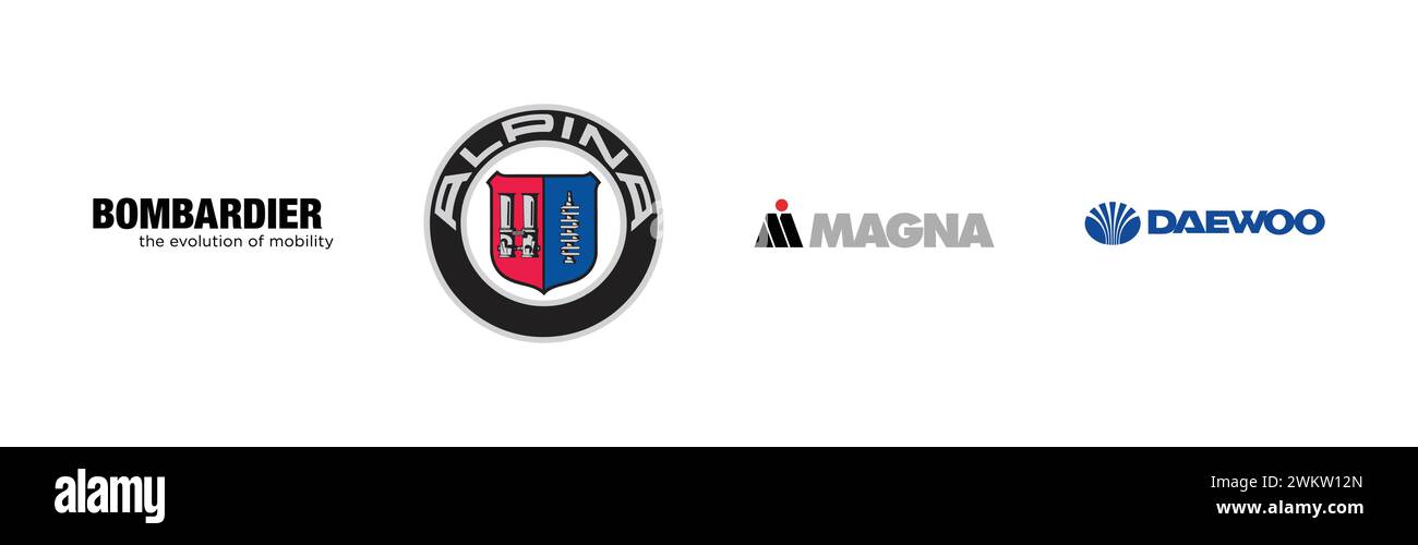 Daewoo, Magna, Alpina, Bombardier,Popular brand logo collection. Stock Vector