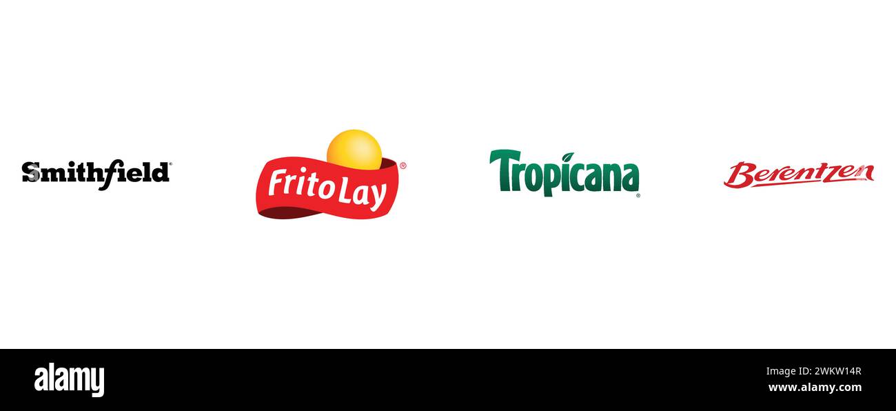 Tropicana Products, Smithfield Foods, Berentzen, Fritolay. Collection of top brand logo. Stock Vector